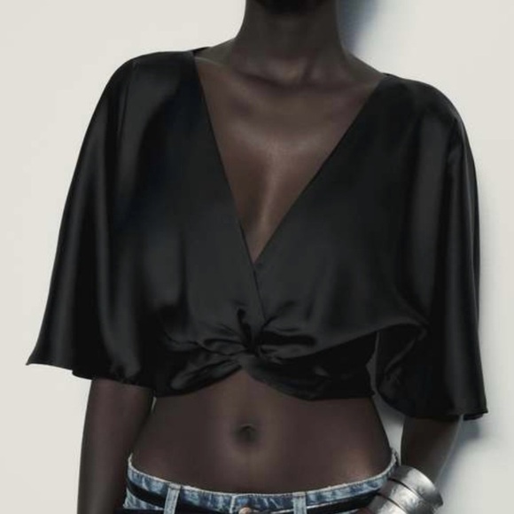 ZARA BLACK SATIN KNOTTED CROPPED TOP - Picture 2 of 6